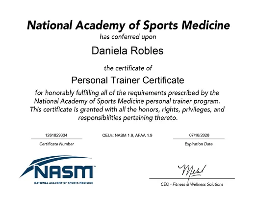 Certificado NASM Personal Trainer a nombre de Daniela Robles